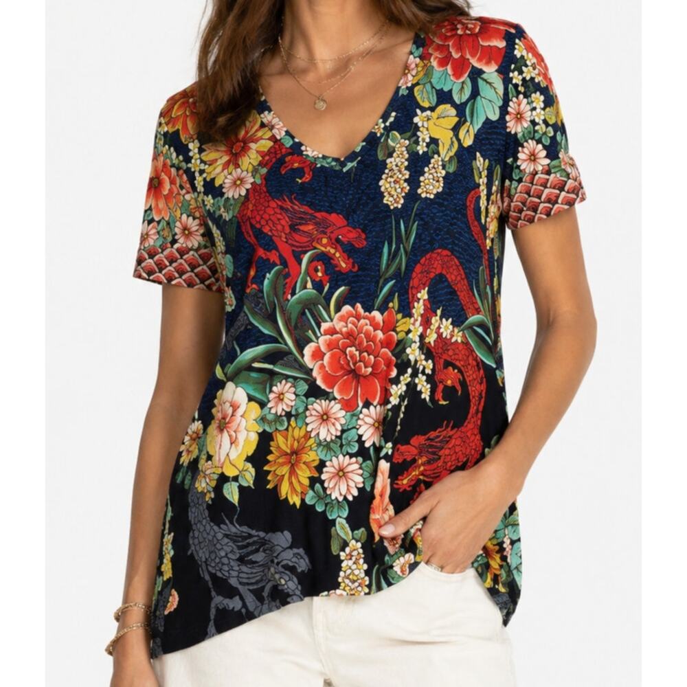 Johnny Was Dragona V-Neck Swing Tee Floral Dragon Bamboo Top Size Large